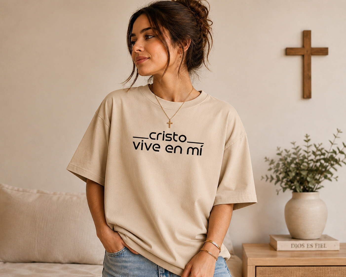 Camiseta Oversize Beige “Cristo Vive en Mí” – Estilo Minimalista Cristiano