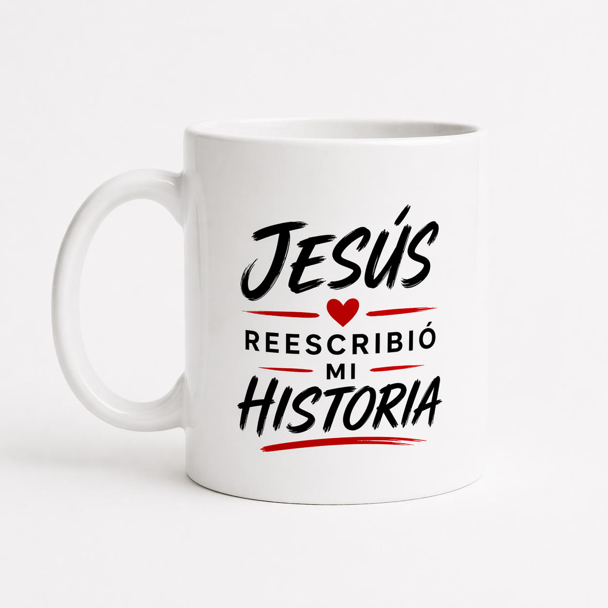 Taza Cristiana “Jesús Reescribió Mi Historia” – Diseño Elegante en Blanco