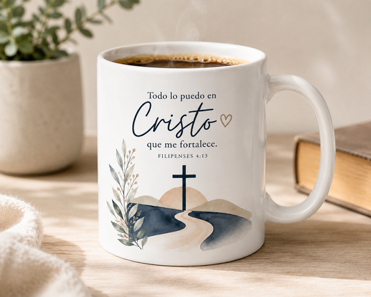 Taza Cristiana “Todo lo puedo en Cristo” – Filipenses 4:13 | Taza Blanca de Café 11oz