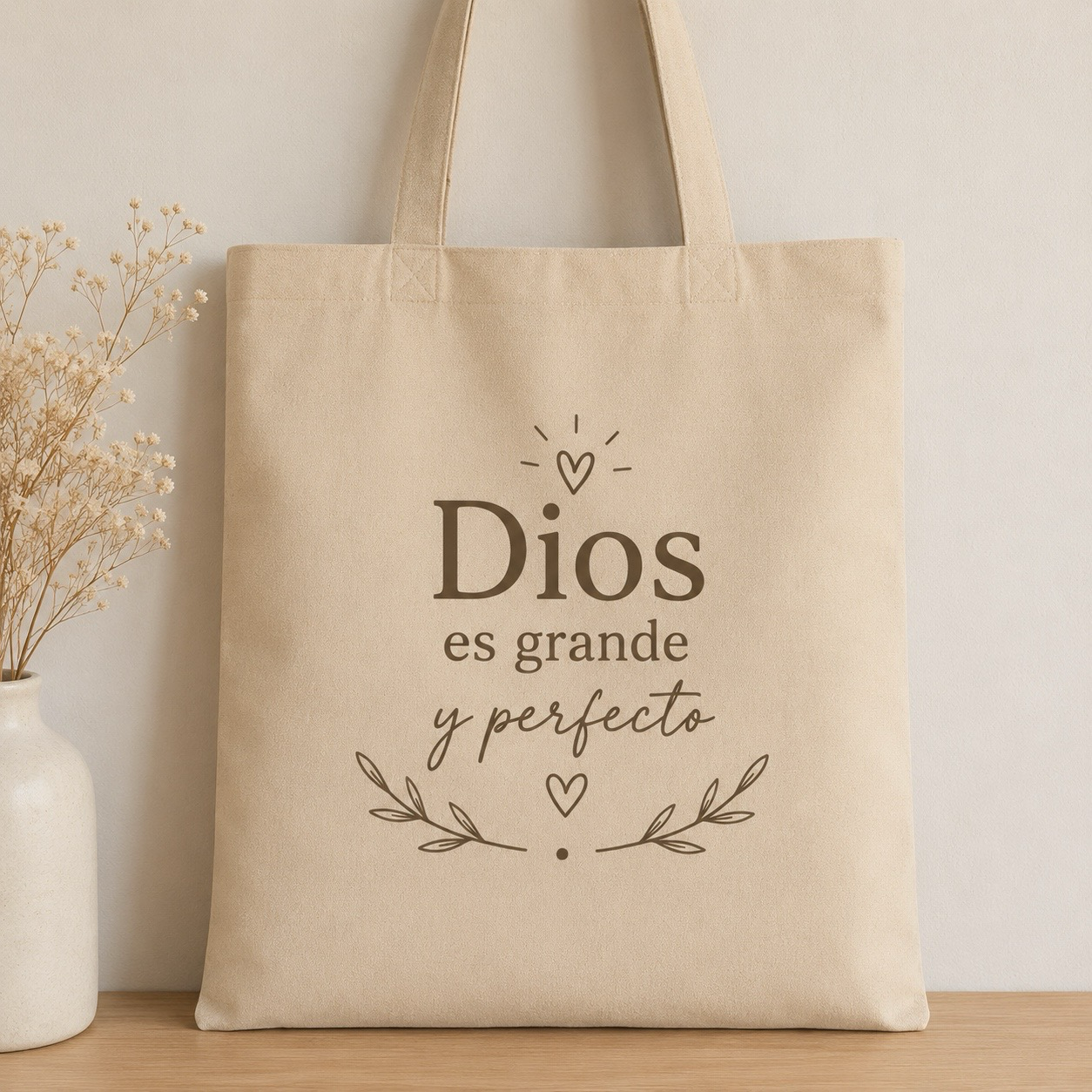 Cartera de Lona Cristiana “Dios es Grande y Perfecto” | Tote Bag Minimalista