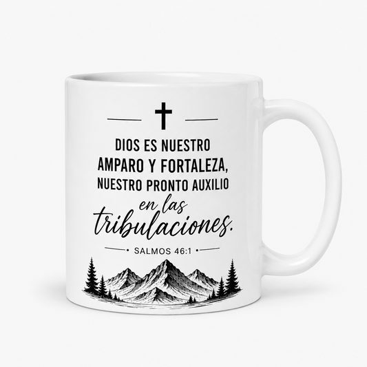 Taza Cristiana “Dios es Nuestro Refugio y Fortaleza” – Salmos 46:1 | Mug Blanco Minimalista 11oz