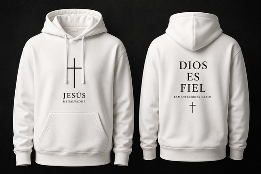 Hoodie Cristiano Jesus Mi Salvador / Dios es Fiel - Sudadera con Capucha Blanca