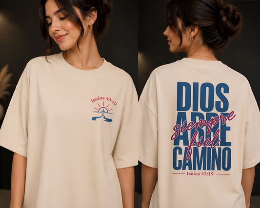 Camiseta Cristiana Oversize Beige – Dios Abre Camino | Isaías 43:19