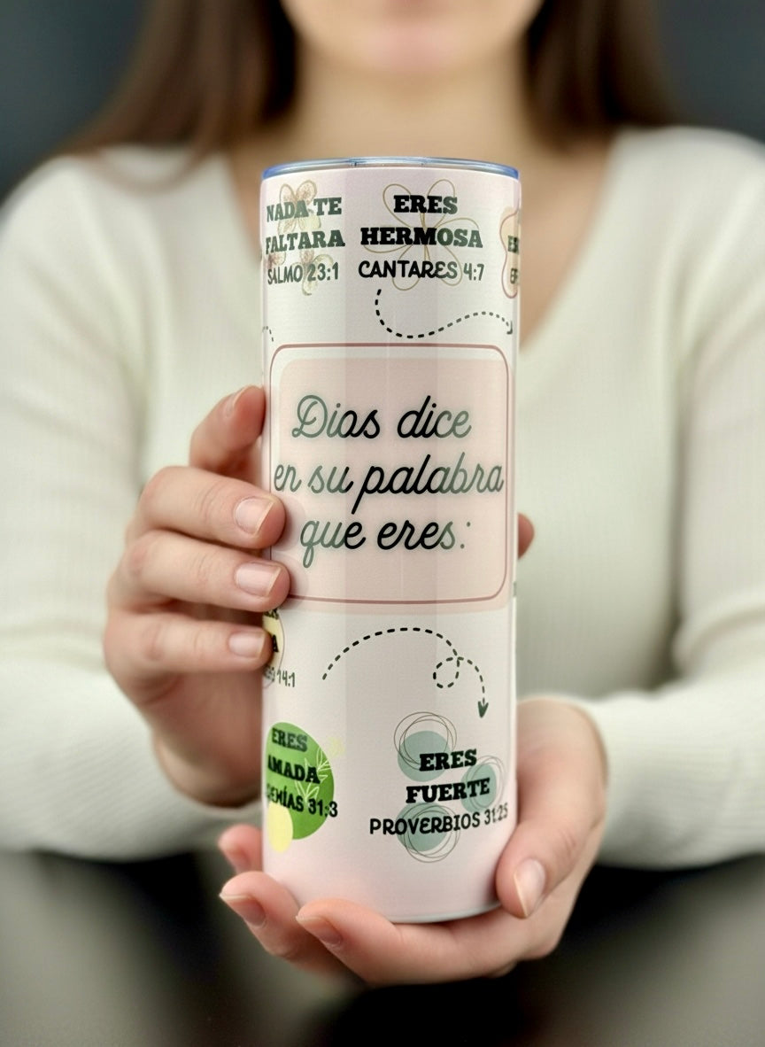 Vaso cristiano motivacional – “Dios dice quién eres” | Con versículos bíblicos de fortaleza y fe