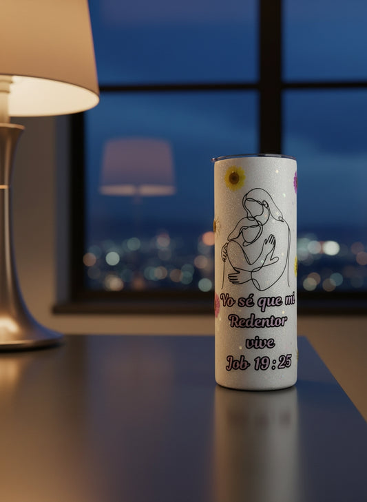 Vaso Térmico 20oz – Yo sé que mi Redentor vive (Flores y Resina, Brilla en la Oscuridad)
