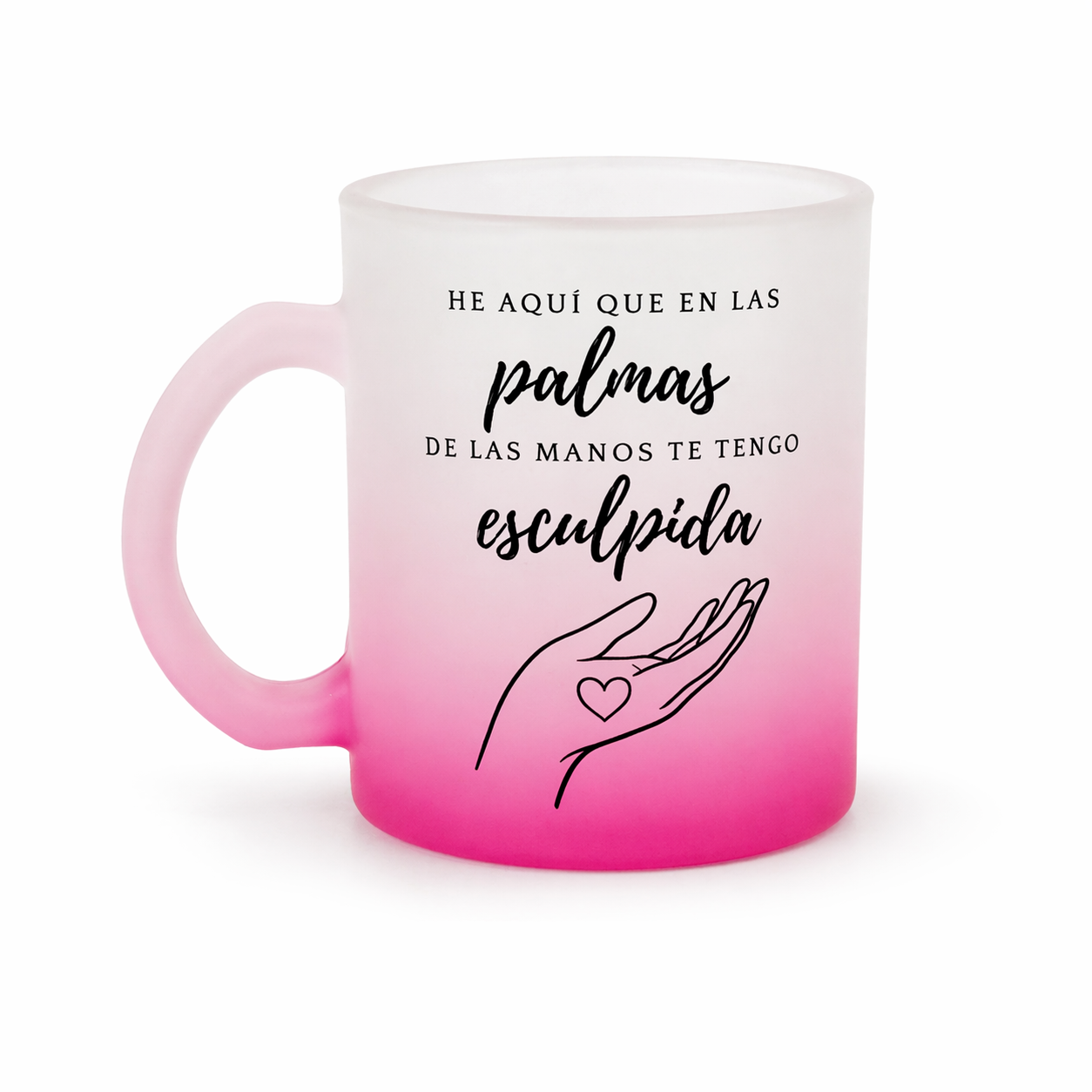 Taza Cristiana “En las palmas de sus manos” – Diseño elegante en degradado rosa