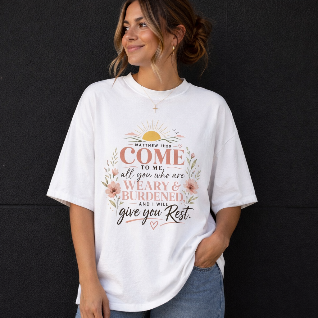 Camiseta Oversize Cristiana  – “Matthew 11:28 Come to Me” | Diseño Floral Premium