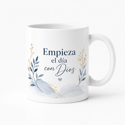 Taza Cristiana “Empieza el Día con Dios” – Diseño Elegante Floral