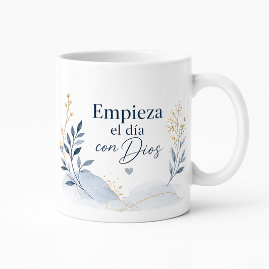 Taza Cristiana “Empieza el Día con Dios” – Diseño Elegante Floral