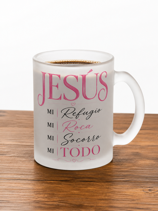 Taza Frosty Cristiana “Jesús Mi Todo” – 11oz | Vidrio Esmerilado Apta para Microondas