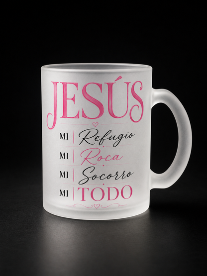 Taza Frosty Cristiana “Jesús Mi Todo” – 11oz | Vidrio Esmerilado Apta para Microondas