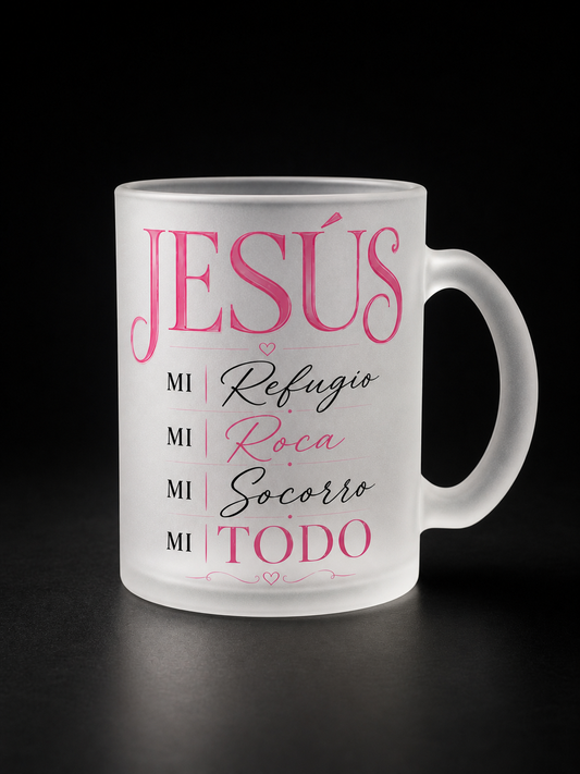 Taza Frosty Cristiana “Jesús Mi Todo” – 11oz | Vidrio Esmerilado Apta para Microondas