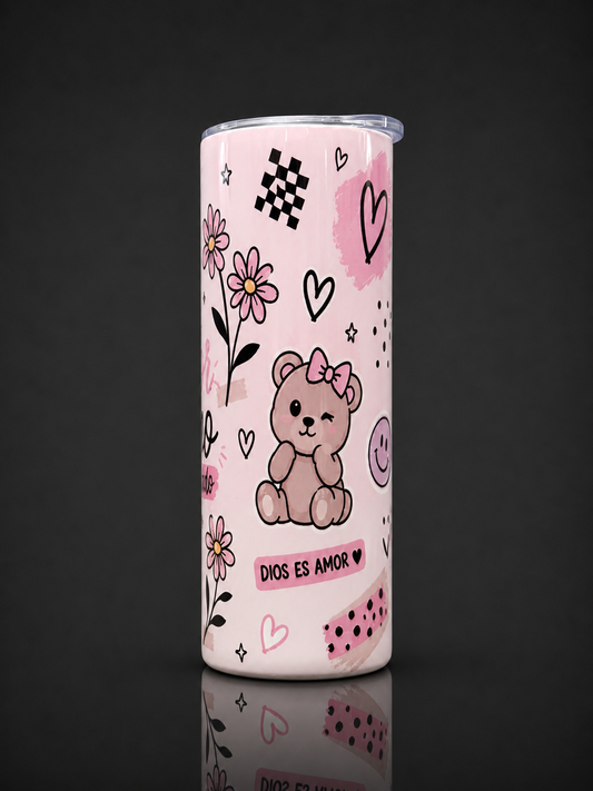 Vaso Térmico 20oz “Dios es Amor” | Diseño Cute Rosado | Frío 12h / Calor 6h