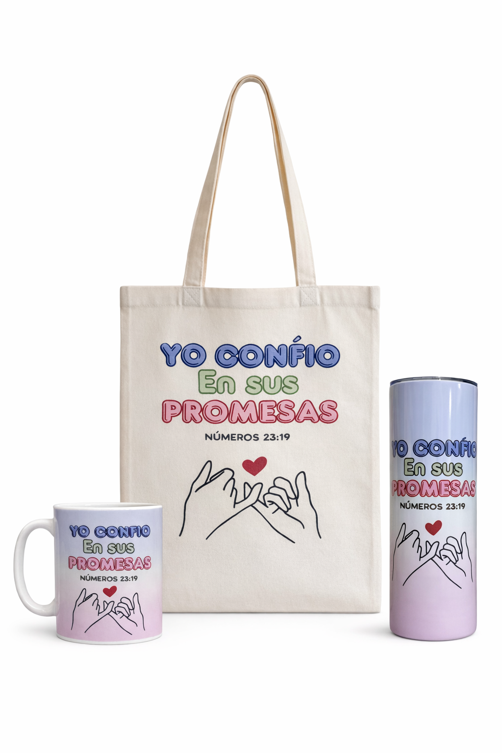 Set cristiano “Yo confío en Sus Promesas” – Tote Bag, Taza y Vaso | Números 23:19 - Cristo vive 