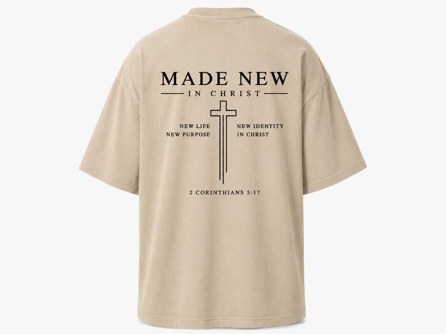 Made New In Christ – Camisa Oversize Cristiana Beige | 2 Corintios 5:17