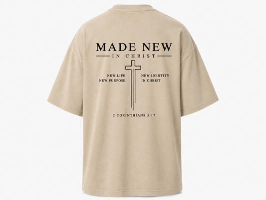 Made New In Christ – Camisa Oversize Cristiana Beige | 2 Corintios 5:17
