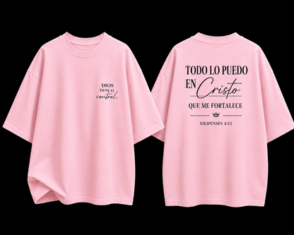 Camisa Oversize Cristiana “Todo Lo Puedo En Cristo” Rosa Premium