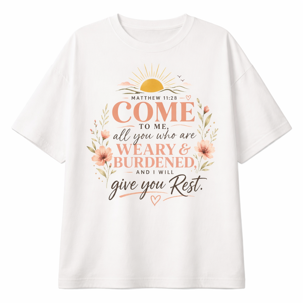 Camiseta Oversize Cristiana  – “Matthew 11:28 Come to Me” | Diseño Floral Premium