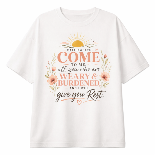 Camiseta Oversize Cristiana  – “Matthew 11:28 Come to Me” | Diseño Floral Premium