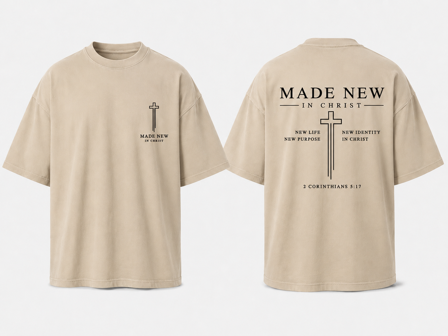 Made New In Christ – Camisa Oversize Cristiana Beige | 2 Corintios 5:17