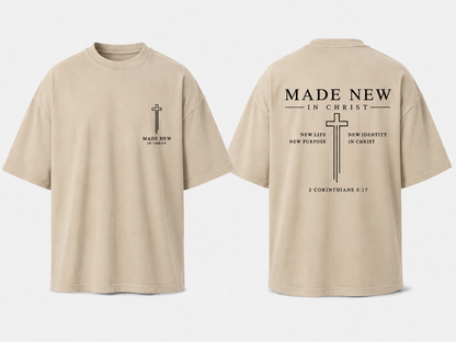 Made New In Christ – Camisa Oversize Cristiana Beige | 2 Corintios 5:17