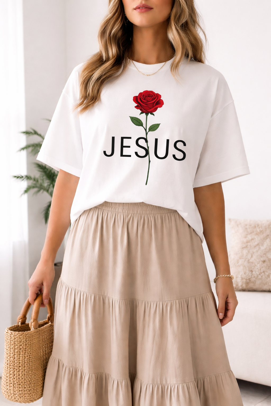 Camisa oversize JESUS con rosa roja - modelo