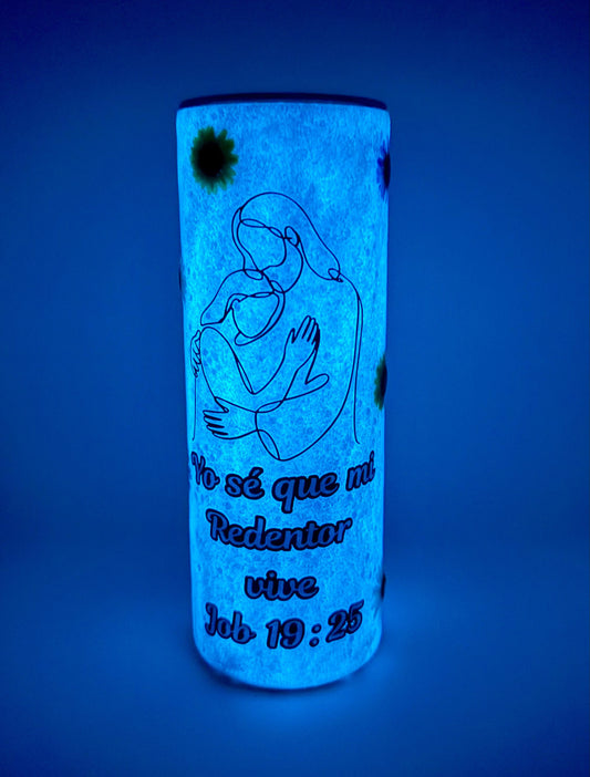 Vaso Térmico 20oz – Yo sé que mi Redentor vive (Flores y Resina, Brilla en la Oscuridad)