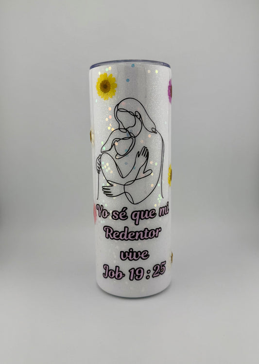 Vaso Térmico 20oz – Yo sé que mi Redentor vive (Flores y Resina, Brilla en la Oscuridad)