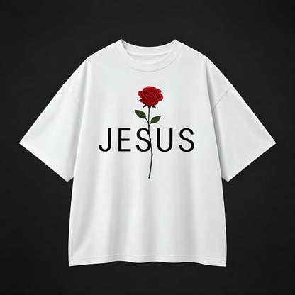 Camisa Oversize 'JESUS' Rosa Roja – Diseño Floral Cristiano