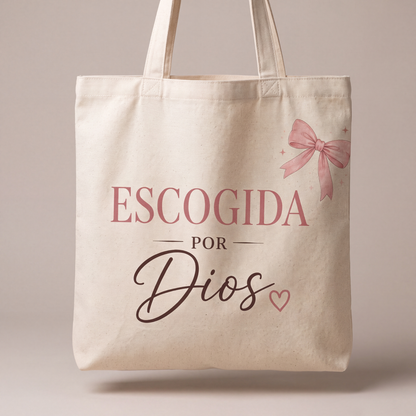Cartera Cristiana "Escogida por Dios" – Tote Bag de Lona Beige con Lazo Rosa