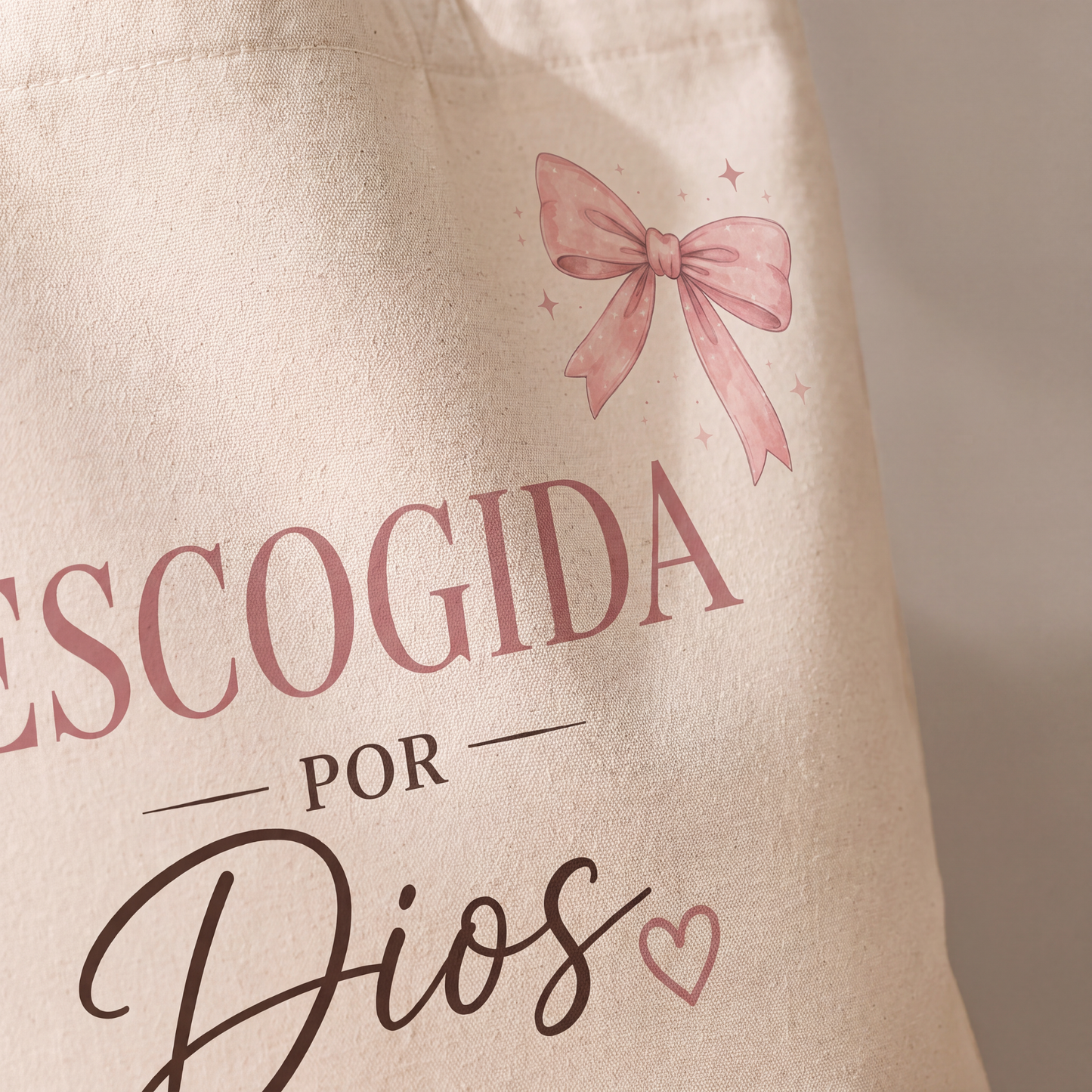 Cartera Cristiana "Escogida por Dios" – Tote Bag de Lona Beige con Lazo Rosa