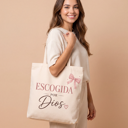 Cartera Cristiana "Escogida por Dios" – Tote Bag de Lona Beige con Lazo Rosa