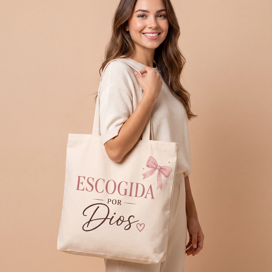 Cartera Cristiana "Escogida por Dios" – Tote Bag de Lona Beige con Lazo Rosa