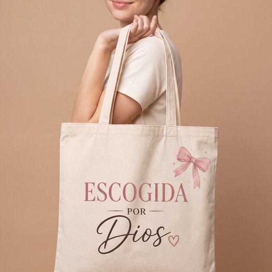 Cartera Cristiana "Escogida por Dios" – Tote Bag de Lona Beige con Lazo Rosa