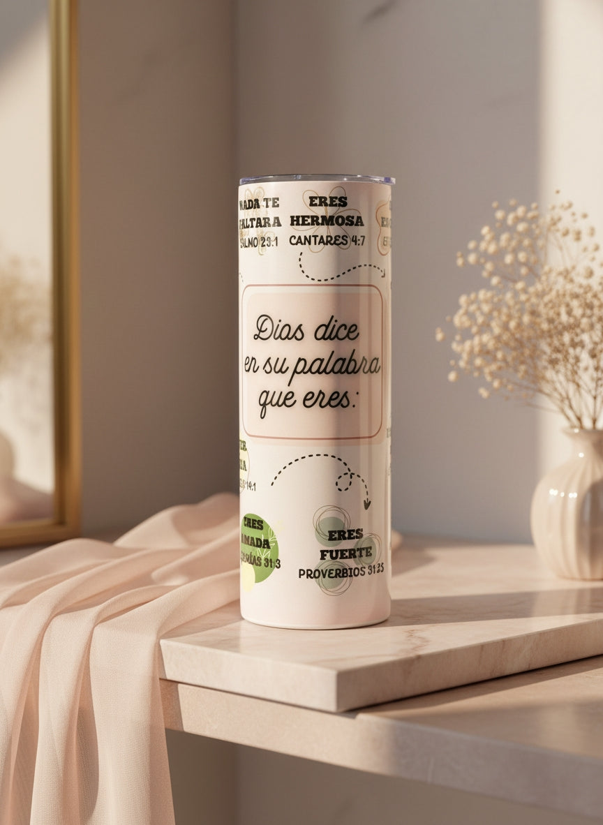 Vaso cristiano motivacional – “Dios dice quién eres” | Con versículos bíblicos de fortaleza y fe