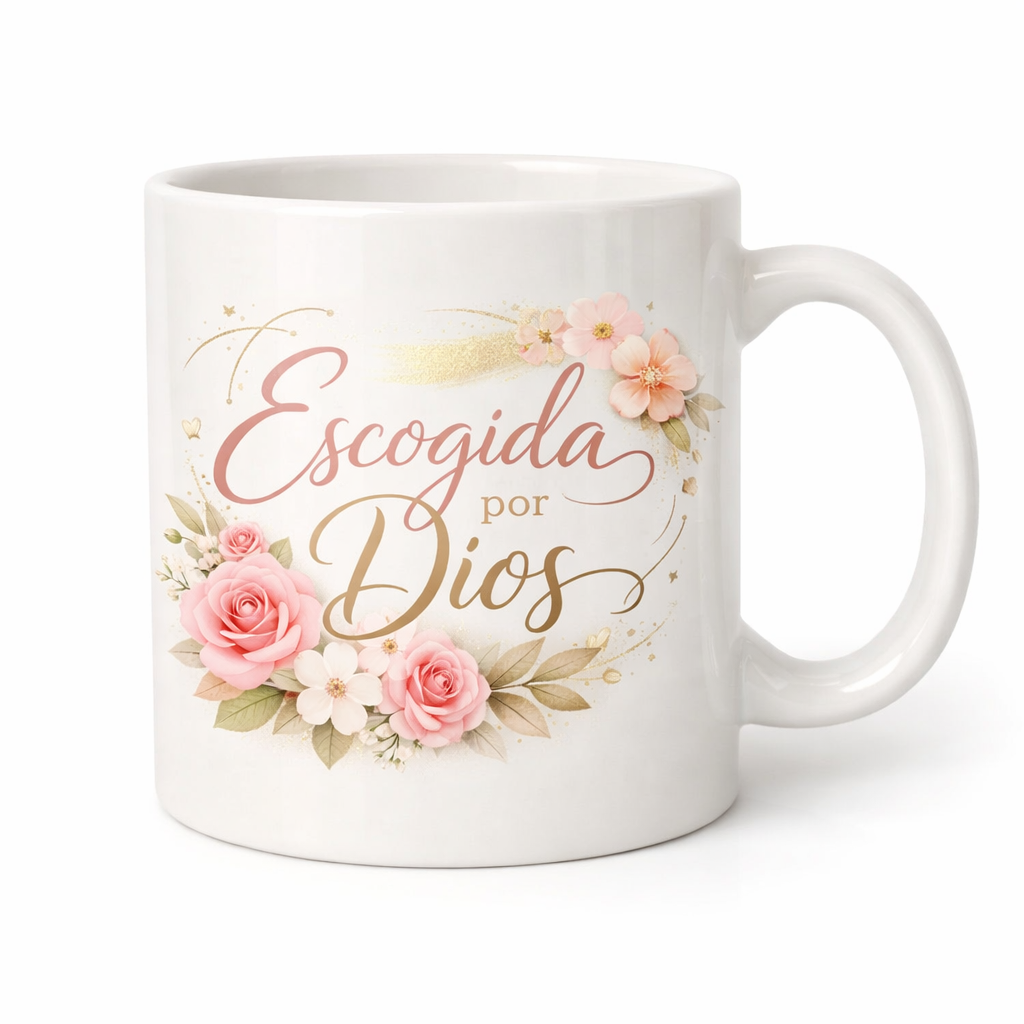 Escogida por Dios | Taza Cristiana de 11 oz con Diseño Floral Elegante