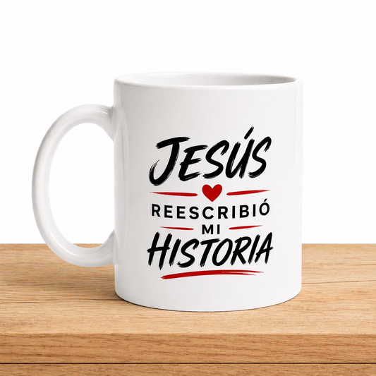 Taza Cristiana “Jesús Reescribió Mi Historia” – Diseño Elegante en Blanco