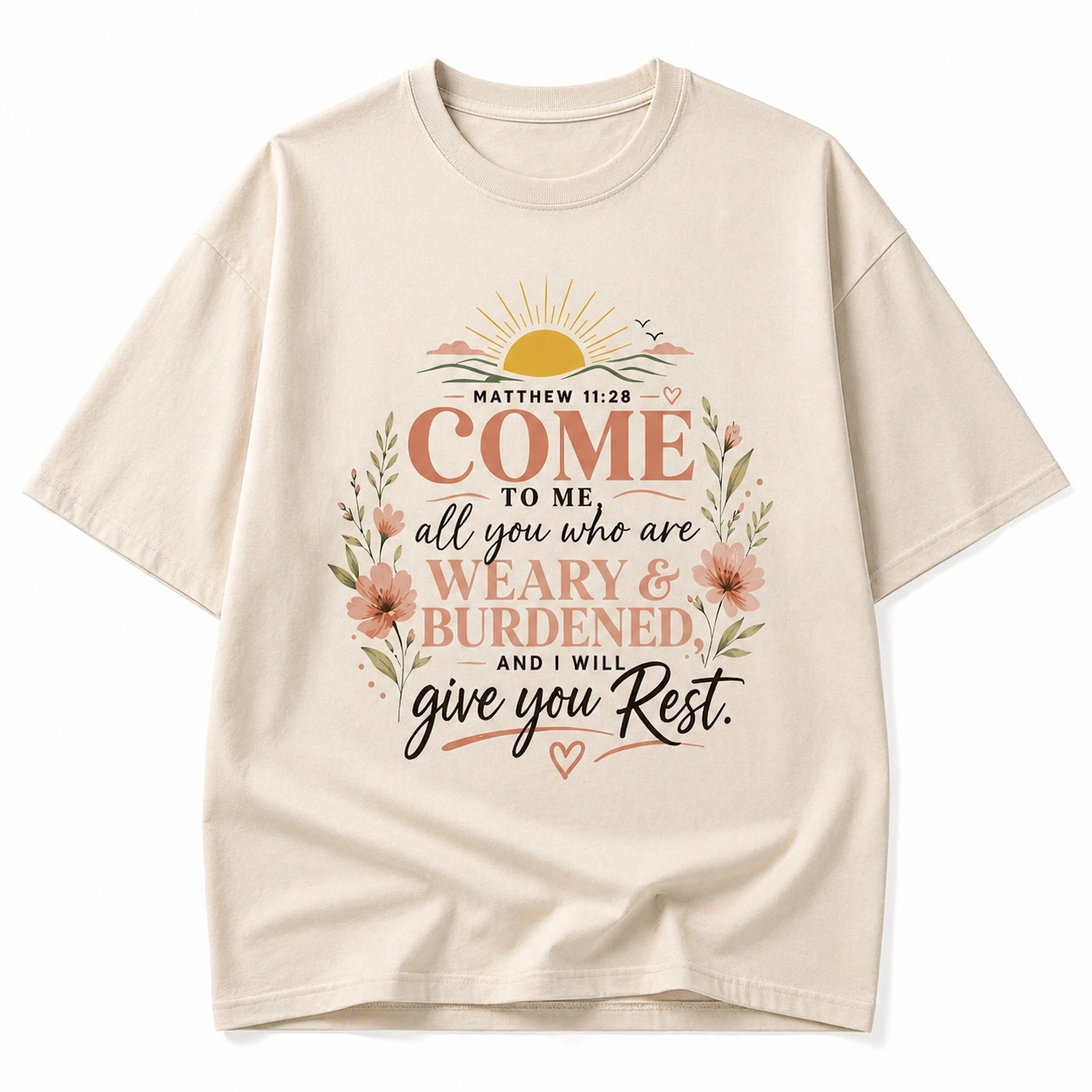 Camiseta Oversize Cristiana  – “Matthew 11:28 Come to Me” | Diseño Floral Premium