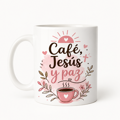 Taza Cristiana “Café, Jesús y Paz” – Mug Blanca de 11 oz