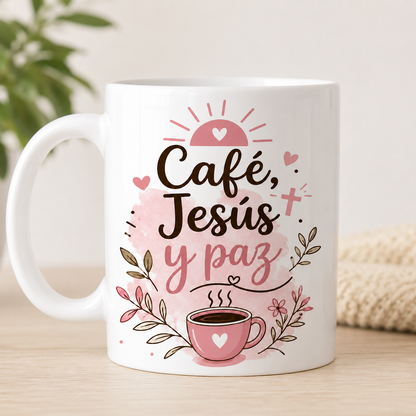 Taza Cristiana “Café, Jesús y Paz” – Mug Blanca de 11 oz