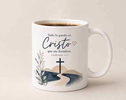 Taza Cristiana “Todo lo puedo en Cristo” – Filipenses 4:13 | Taza Blanca de Café 11oz