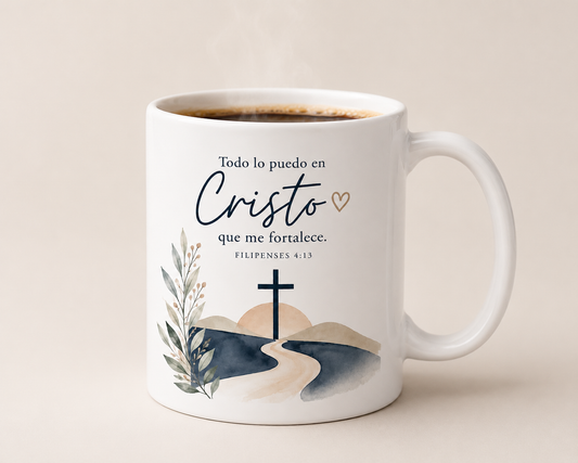 Taza Cristiana “Todo lo puedo en Cristo” – Filipenses 4:13 | Taza Blanca de Café 11oz