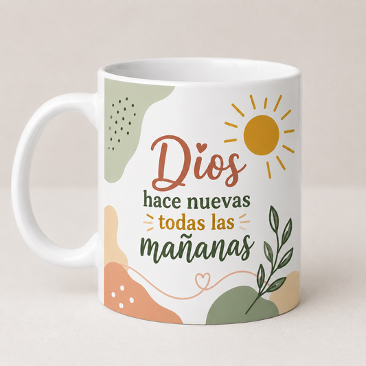 Taza Cristiana “Dios Hace Nuevas Todas las Mañanas” – Taza Blanca de Sublimación 11 oz