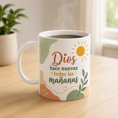Taza Cristiana “Dios Hace Nuevas Todas las Mañanas” – Taza Blanca de Sublimación 11 oz