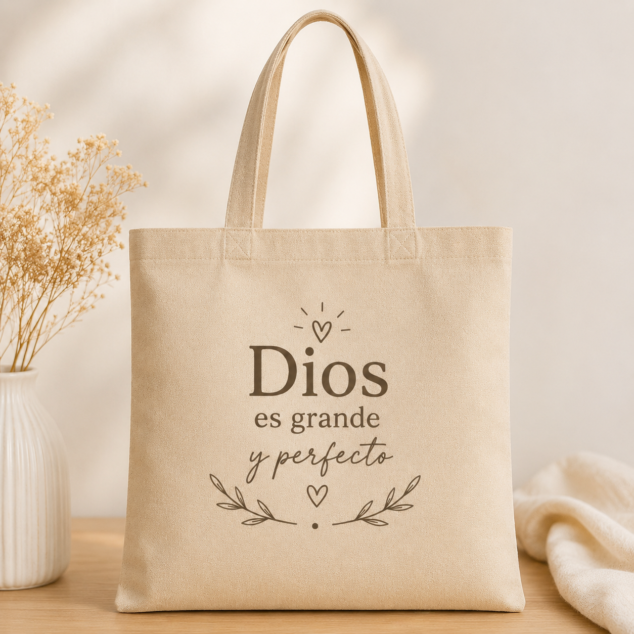 Cartera de Lona Cristiana “Dios es Grande y Perfecto” | Tote Bag Minimalista