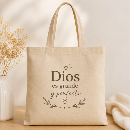 Cartera de Lona Cristiana “Dios es Grande y Perfecto” | Tote Bag Minimalista