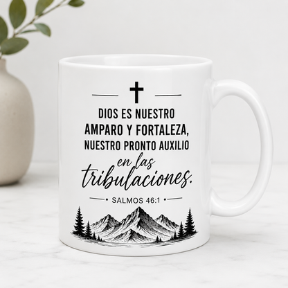 Taza Cristiana “Dios es Nuestro Refugio y Fortaleza” – Salmos 46:1 | Mug Blanco Minimalista 11oz