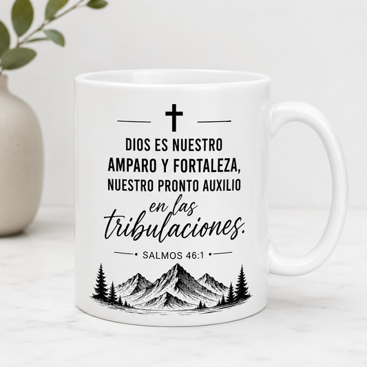 🎁 Taza Cristiana “Dios es Nuestro Refugio y Fortaleza” – Salmos 46:1 | Mug Blanco Minimalista 11oz (100% off)