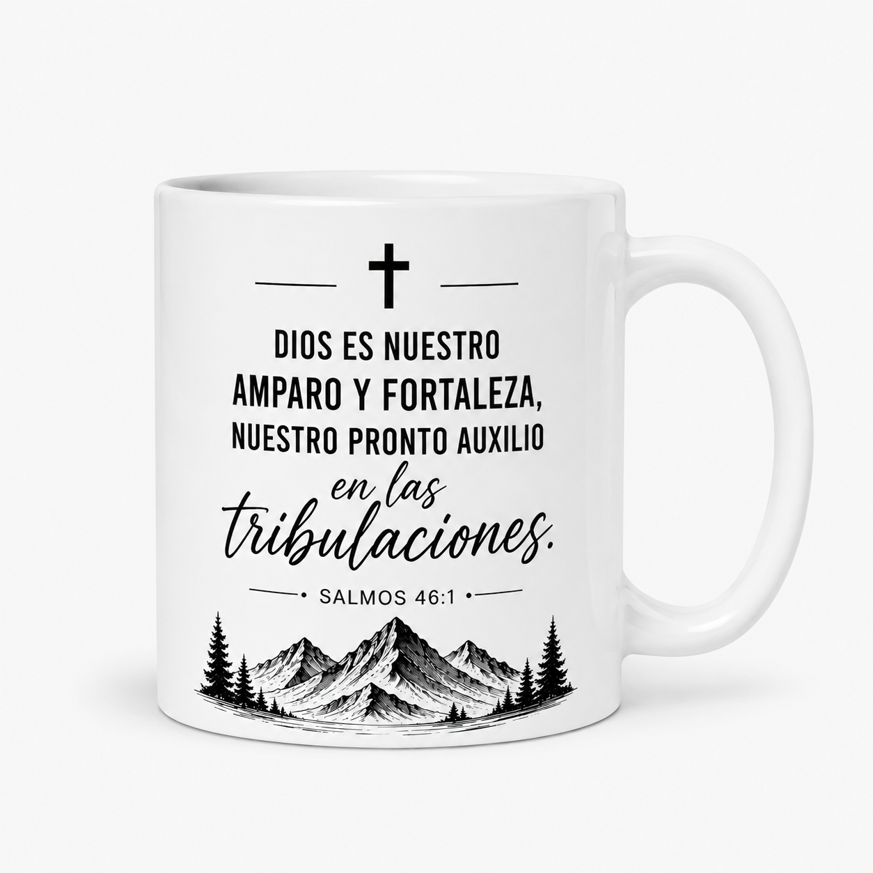 Taza Cristiana “Dios es Nuestro Refugio y Fortaleza” – Salmos 46:1 | Mug Blanco Minimalista 11oz