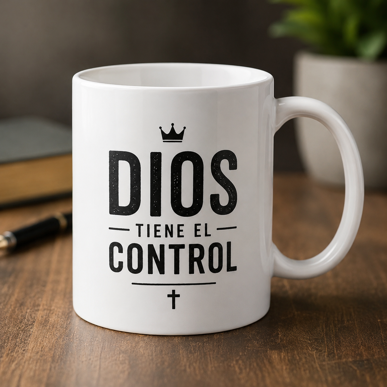 Taza Cristiana “Dios Tiene el Control” | Mug Blanco Minimalista para Hombre
